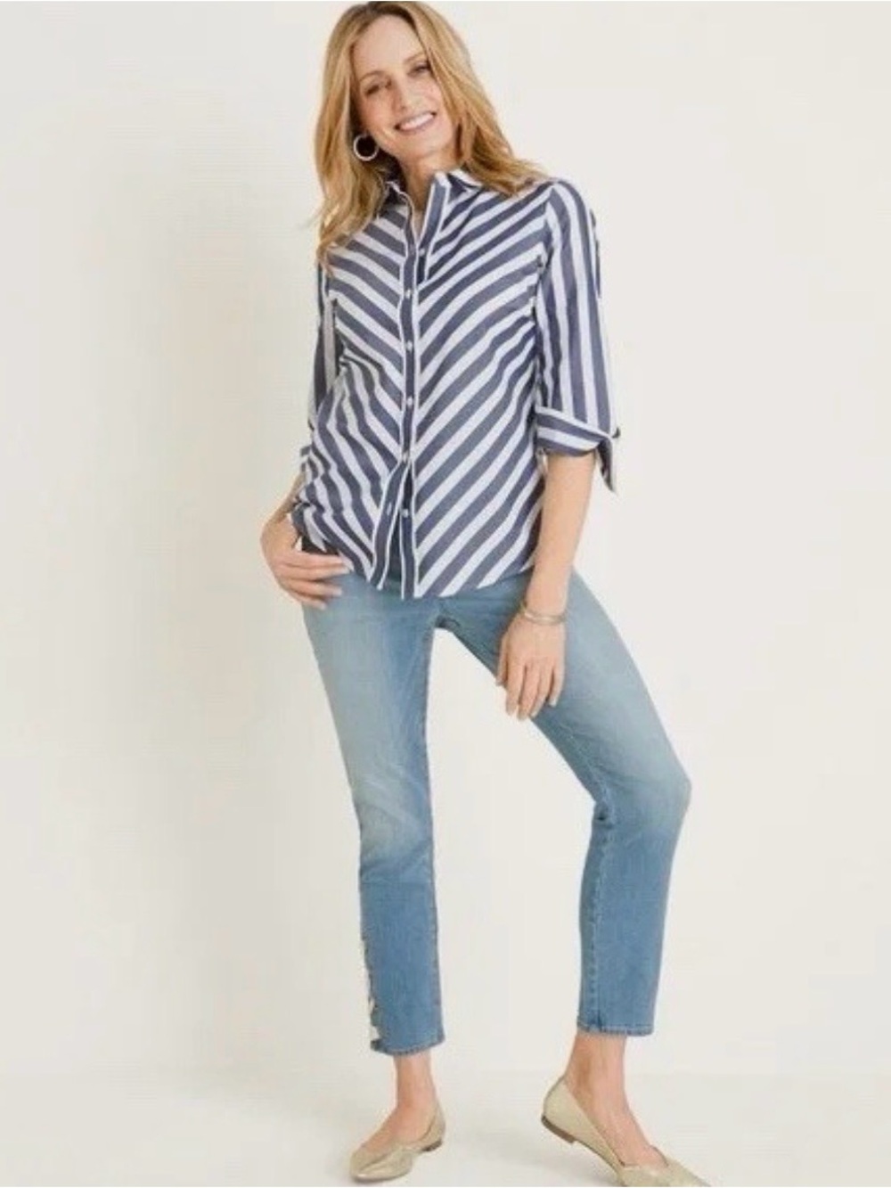 Chico's | No Iron Striped Stain Shield Button-Down Shirt